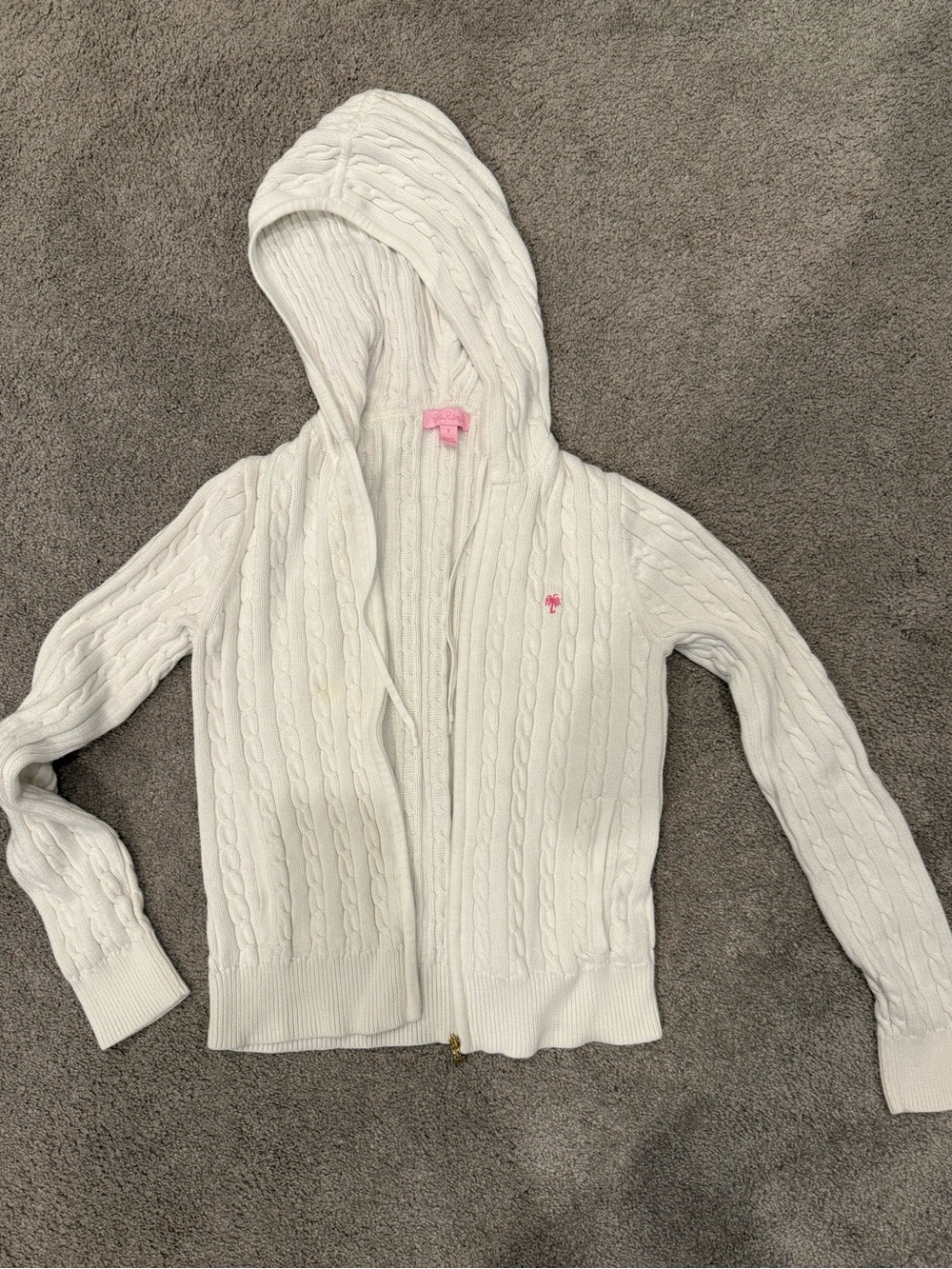 Lilly Pulitzer White Cable-Knit Hooded Cardigan with Pink Logo